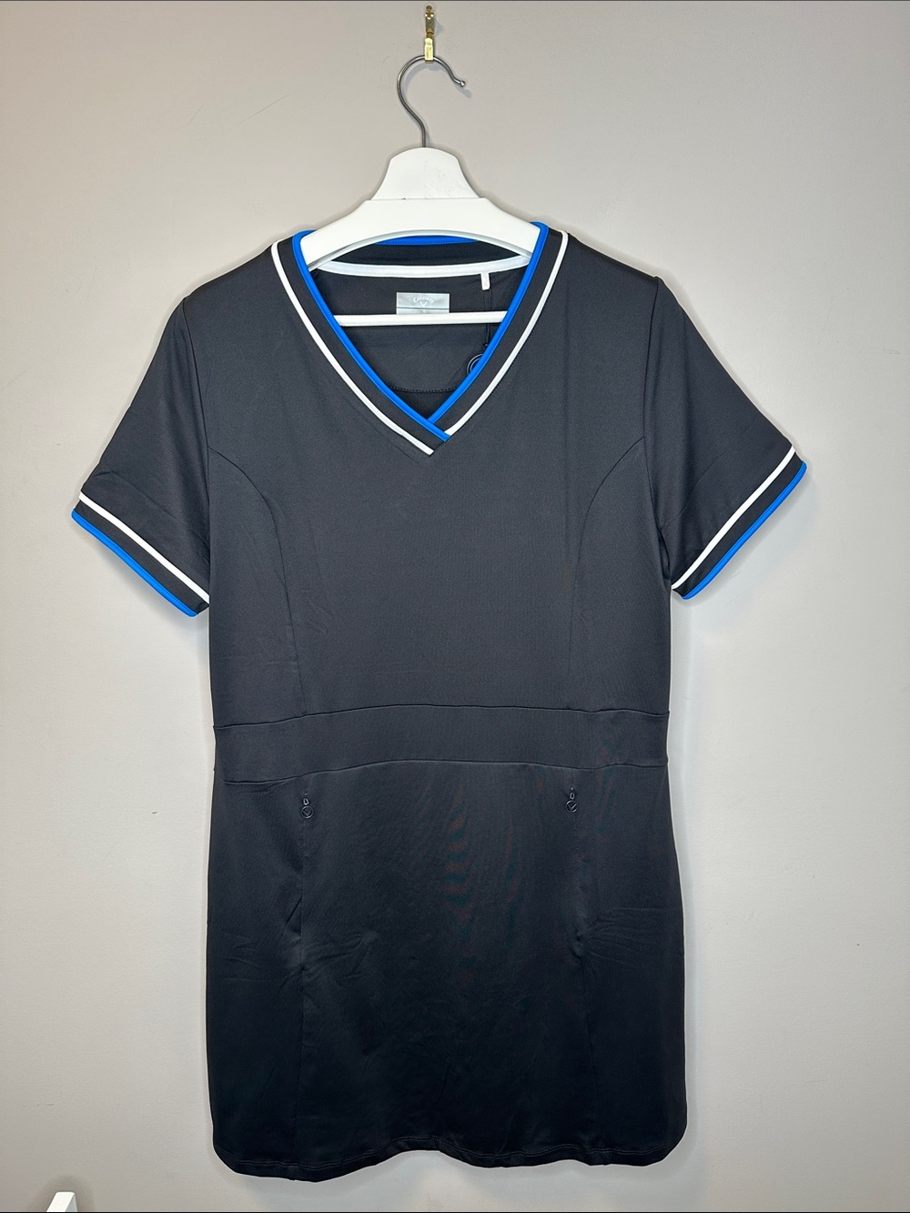 NWT Callaway Black V-Neck Golf Dress with Blue and White Trim